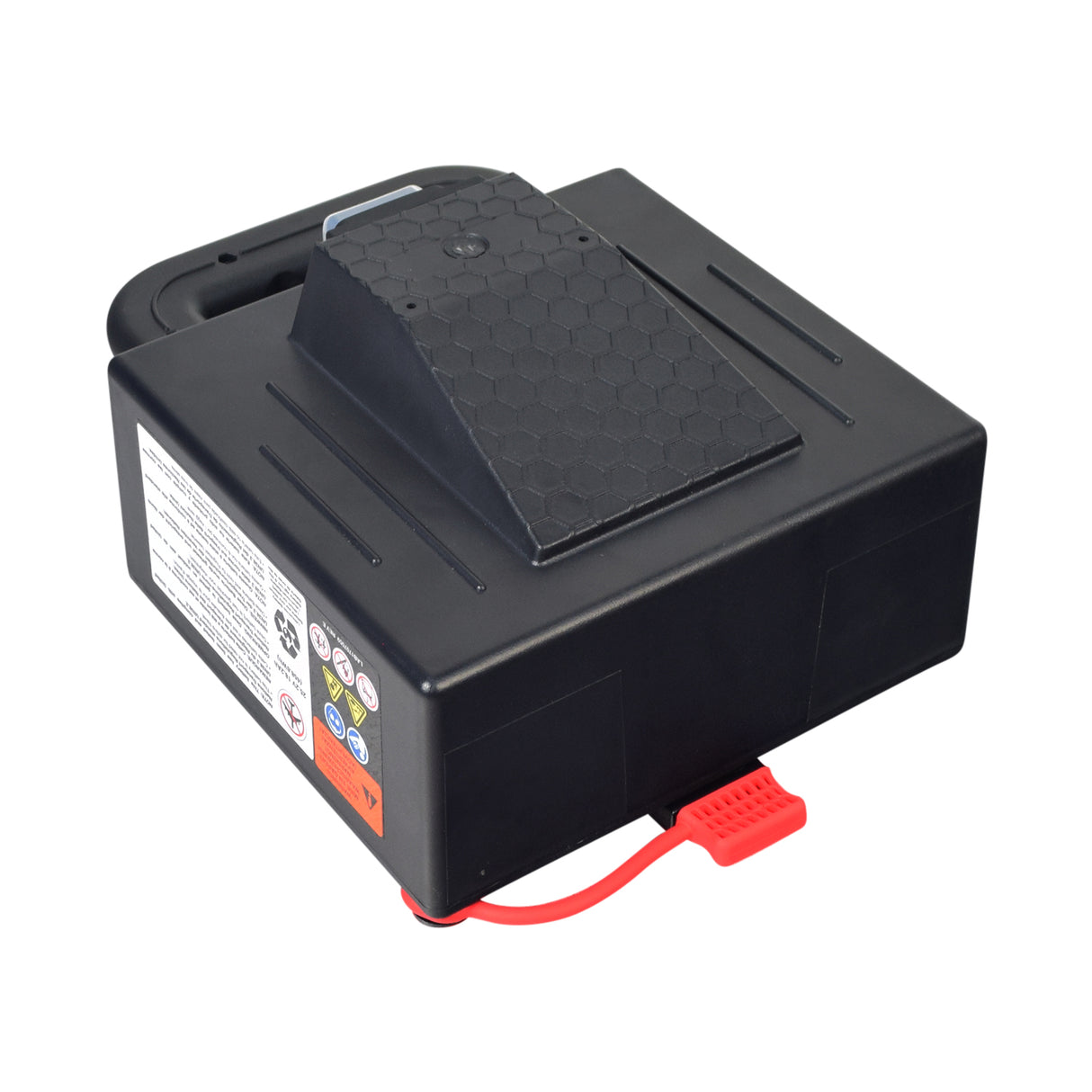 24 Volt Lithium-Ion Battery Assembly for the Jazzy Passport Power Chair, featuring a black box with a red cable, designed for easy installation with no wiring or screws required.