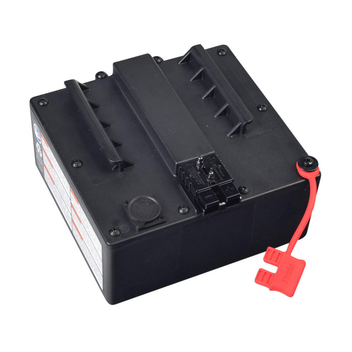 24 Volt Lithium-Ion Battery Assembly for the Jazzy Passport Power Chair featuring a black rectangular unit with a red cable, integrated handle, and charger port for easy and tool-free installation.