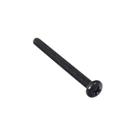 M4-.7x4mm Black Zinc Screw for Quantum Q600, Quantum Q1121, Quantum Q6000, and Jazzy 1122 power chairs, featuring a cross-shaped head and round top, close-up view.