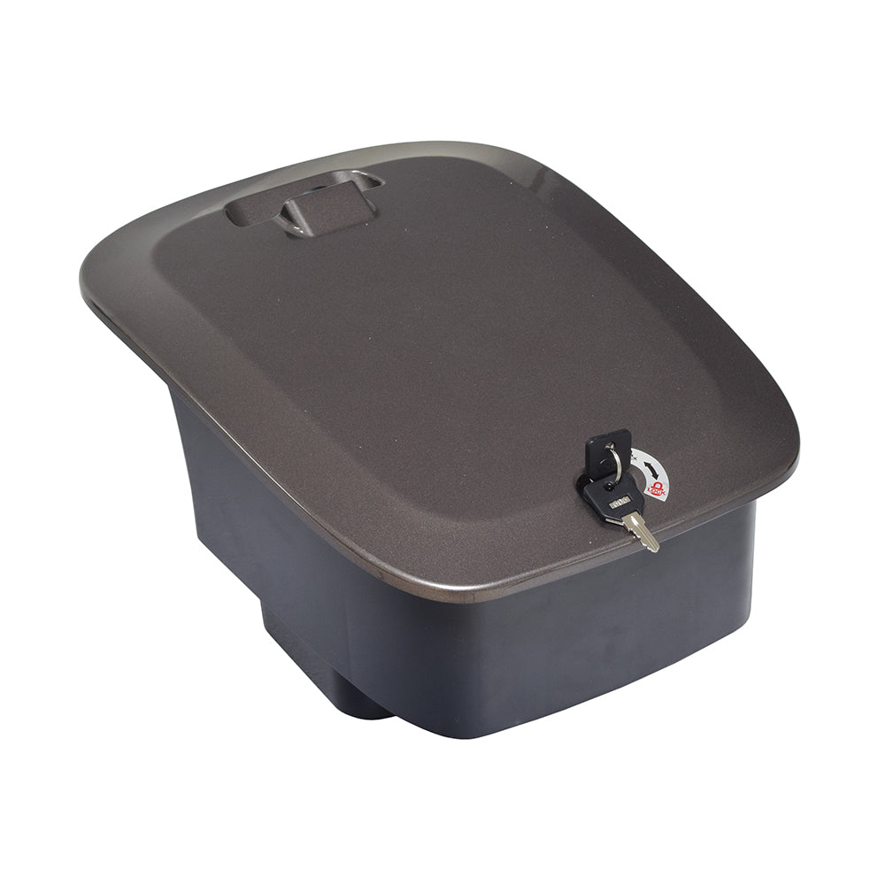 24 Volt 11.50 Ah Lithium Battery Box Assembly for the Go-Go Folding Scooter (S19), featuring a black plastic box with an attached key, designed as a direct replacement from Pride Mobility.