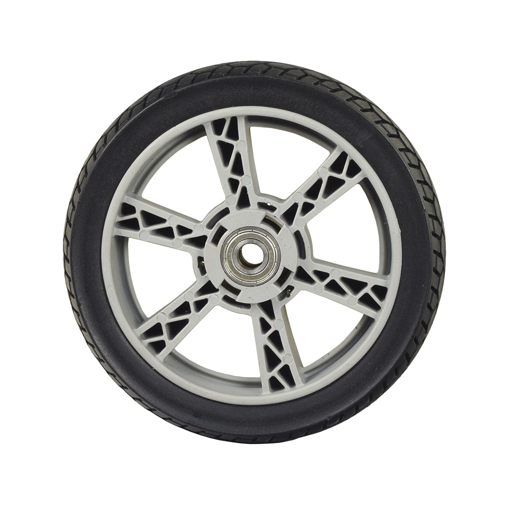 7x1.6 (180x40) Front Wheel Assembly for the Go-Go Folding Scooter (S19) featuring a solid flat-free tire with a silver rim pre-assembled for easy installation.