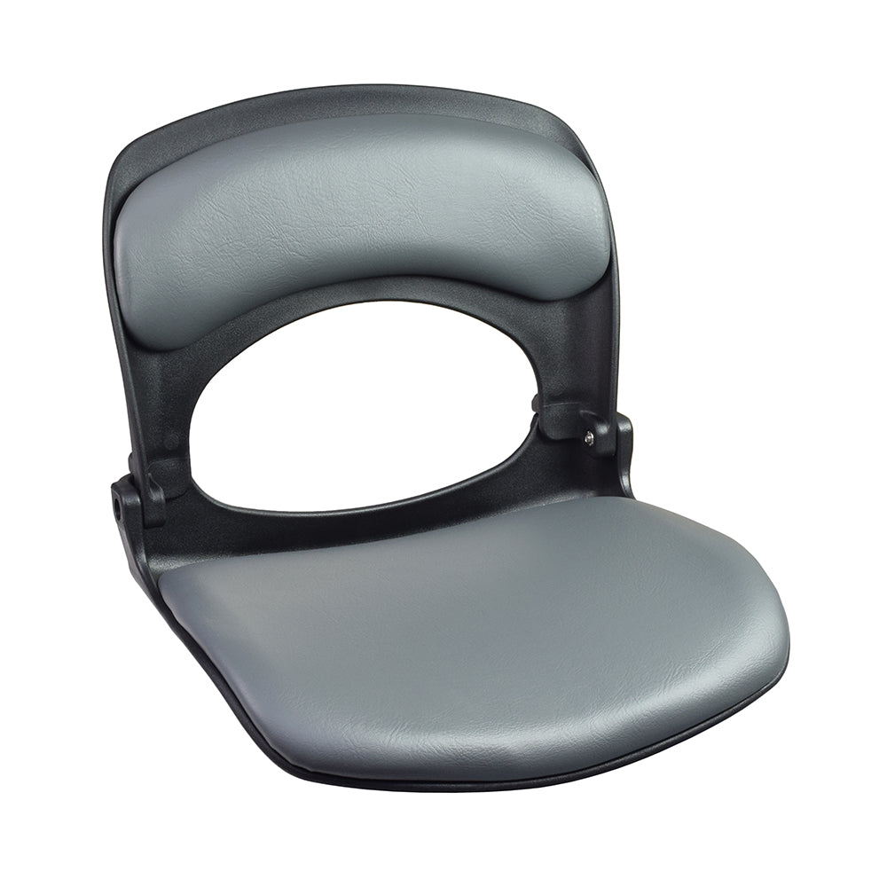 16x13 Gray Vinyl Seat Assembly for the Go-Go Folding Scooter (S19), featuring a grey chair with a black cushion and back, without armrests or folding crossbar assembly.