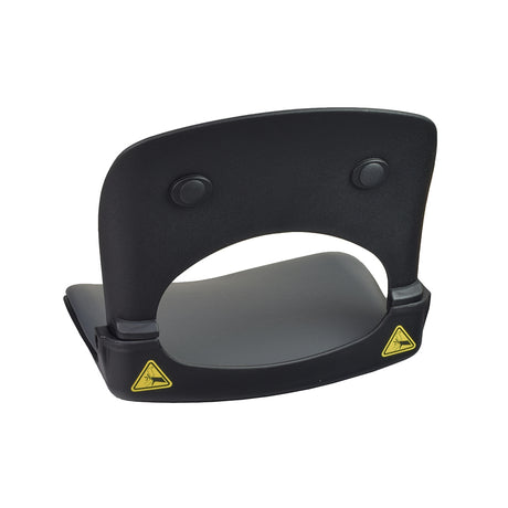 16x13 Gray Vinyl Seat Assembly for the Go-Go Folding Scooter (S19) shown in black with yellow triangle signs; close-up of the seat surface and structure without armrests or crossbar.