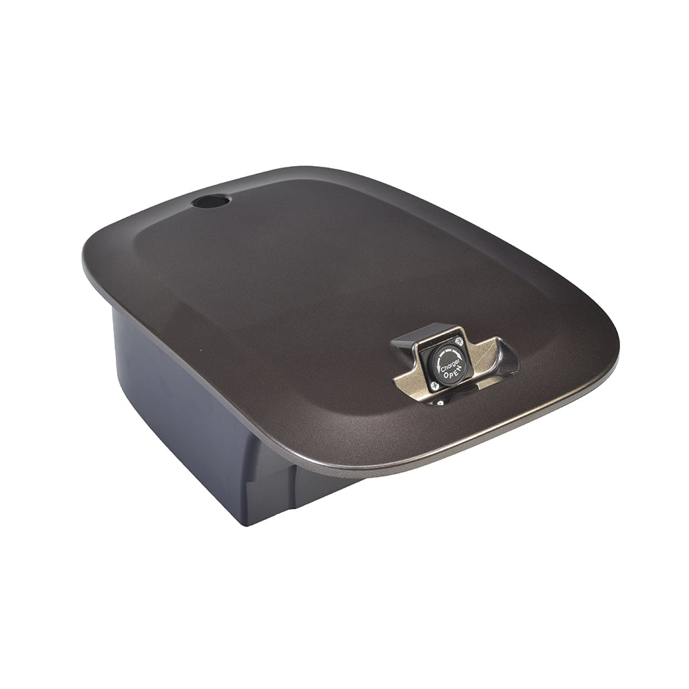 24 Volt 12 Ah SLA Battery Box for the Go-Go Folding Scooter (S19) (Blemished), featuring a secure lock and accessible button for easy operation, designed for seamless installation and convenient recharging.