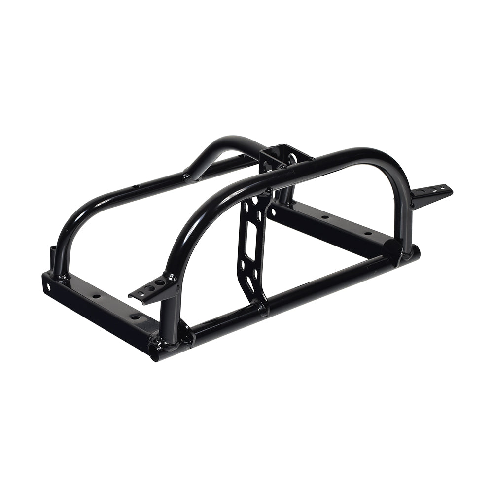 Rear Frame Assembly for the Go-Go Elite Traveller & Ultra X Scooters, featuring a black metal frame with screws and holes, including a tubular frame, brake lever, power connector, and hardware.