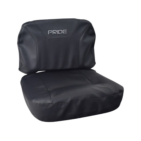 Seat Base & Seat Back Upholstery with Foam for Pride Victory 10 & Zero Turn 10 Scooters, featuring a black cushion with a logo.