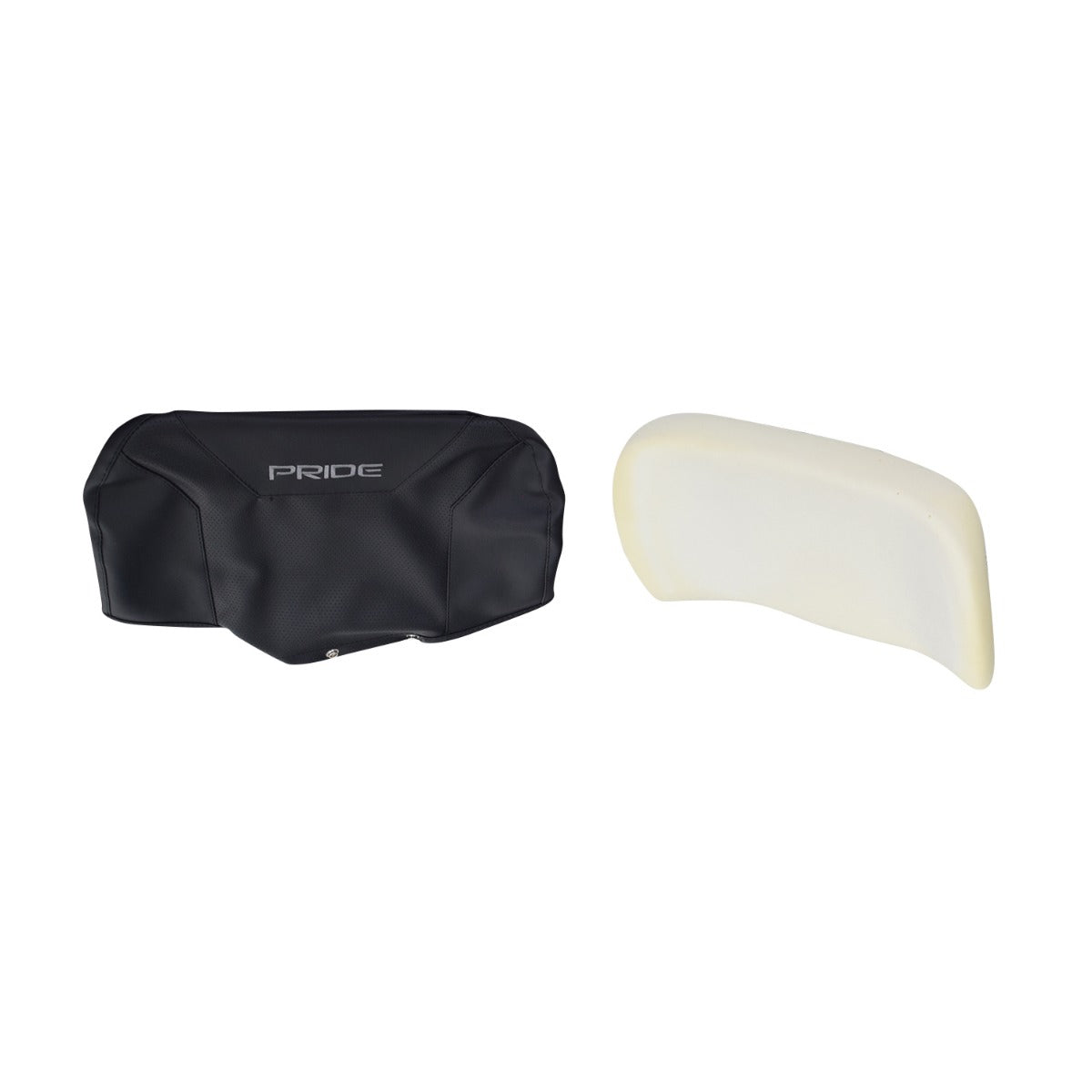 Black leather bag with silver text next to a white soap, illustrating the Seat Base & Seat Back Upholstery with Foam for Pride Victory 10 & Zero Turn 10 Scooters.