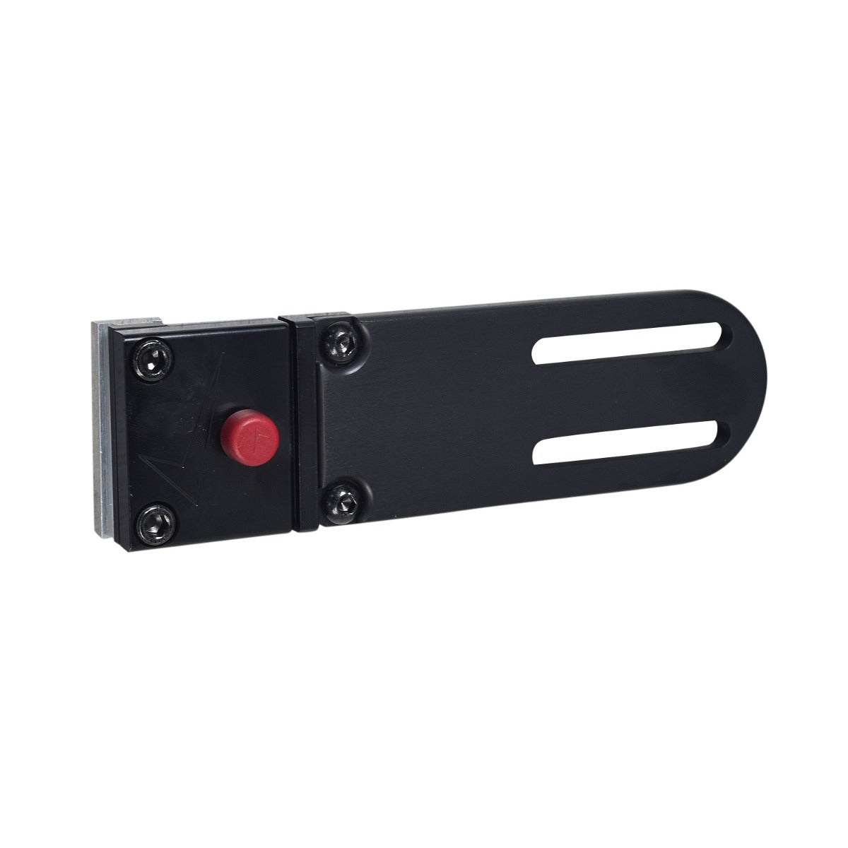 Pelvic/Thigh Lateral Positioning Component for Quantum Q6 Series Power Chairs, featuring a black metal frame with a red button and screws, designed for secure and adjustable support.