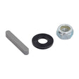 Drive Wheel Mounting Hardware Kit for the Jazzy Elite 14, Elite HD, & 600 ES, including a metal nut, bolt, serrated washer, and axle key, essential for securing the drive wheel.