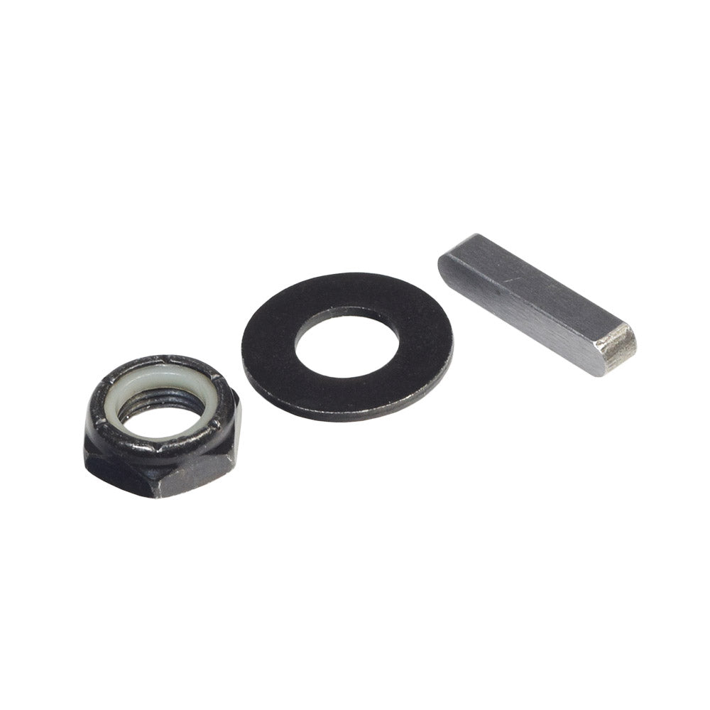 Close-up of a Wheel Mounting Hardware Kit for Jazzy Elite & Select Series, featuring a nut, bolt, and metal bar components essential for securing the drive wheel to the motor axle shaft.