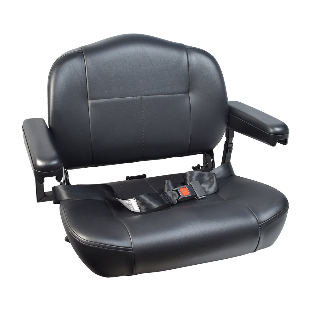 22x18 Black Vinyl Contour Seat Assembly for Pride Maxima, featuring a seat belt, armrests, adjustment knobs, and a steel base plate. The seat is upholstered in easy-to-clean black vinyl.