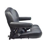 22x18 Black Vinyl Contour Seat Assembly for the Pride Maxima, featuring armrests, seat belt, adjustment knobs, and steel base plate.