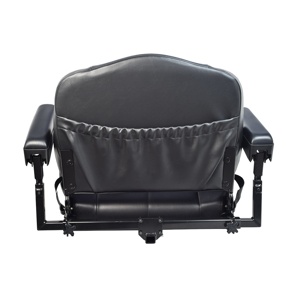 22x18 Black Vinyl Contour Seat Assembly for the Pride Maxima, featuring armrests, adjustment knobs, seat belt, and steel base plate, upholstered in easy-to-clean black vinyl.