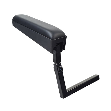 Full-Length Armrest Assembly with Armpad for Jazzy Power Chairs, featuring a black armrest pad, cover, and metal components, designed for replacement on either the right or left side.