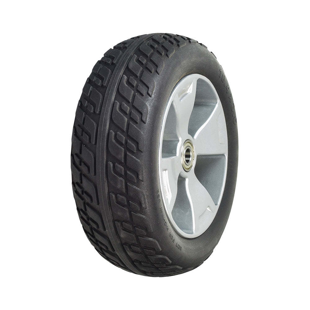 10.4x3.6 Front Wheel Assembly with Black Flat-Free Tire for the 3-Wheel Pride Victory 10 (SC610) featuring a non-marking rubber tire and stylish silver 5-spoke rim.