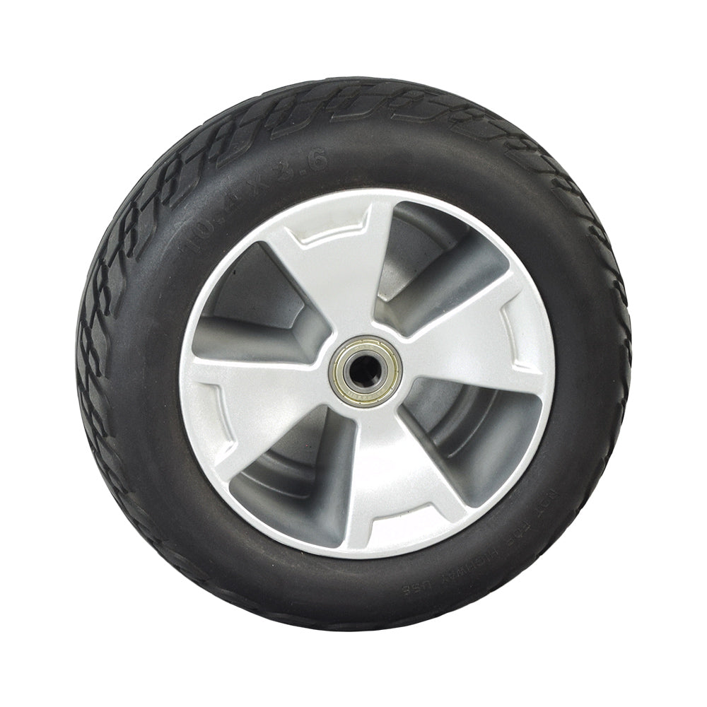 10.4x3.6 Front Wheel Assembly with Black Flat-Free Tire for the 3-Wheel Pride Victory 10 (SC610) featuring a solid tire, black non-marking rubber, and a stylish silver 5-spoke rim.