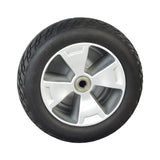 10.4x3.6 Front Wheel Assembly with Black Flat-Free Tire for the 3-Wheel Pride Victory 10 (SC610) featuring a solid tire, black non-marking rubber, and a stylish silver 5-spoke rim.