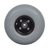 Pneumatic front wheel assembly for 4-wheel Pride scooters, featuring a gray non-marking tire and stylish black micro mag rim with spacers, washers, nuts, and bearings. Compatible with Pride Victory 10 model.