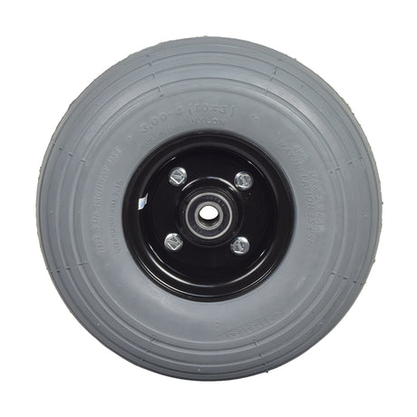 Pneumatic front wheel assembly for 4-wheel Pride scooters, featuring a gray non-marking tire and stylish black micro mag rim with spacers, washers, nuts, and bearings. Compatible with Pride Victory 10 model.