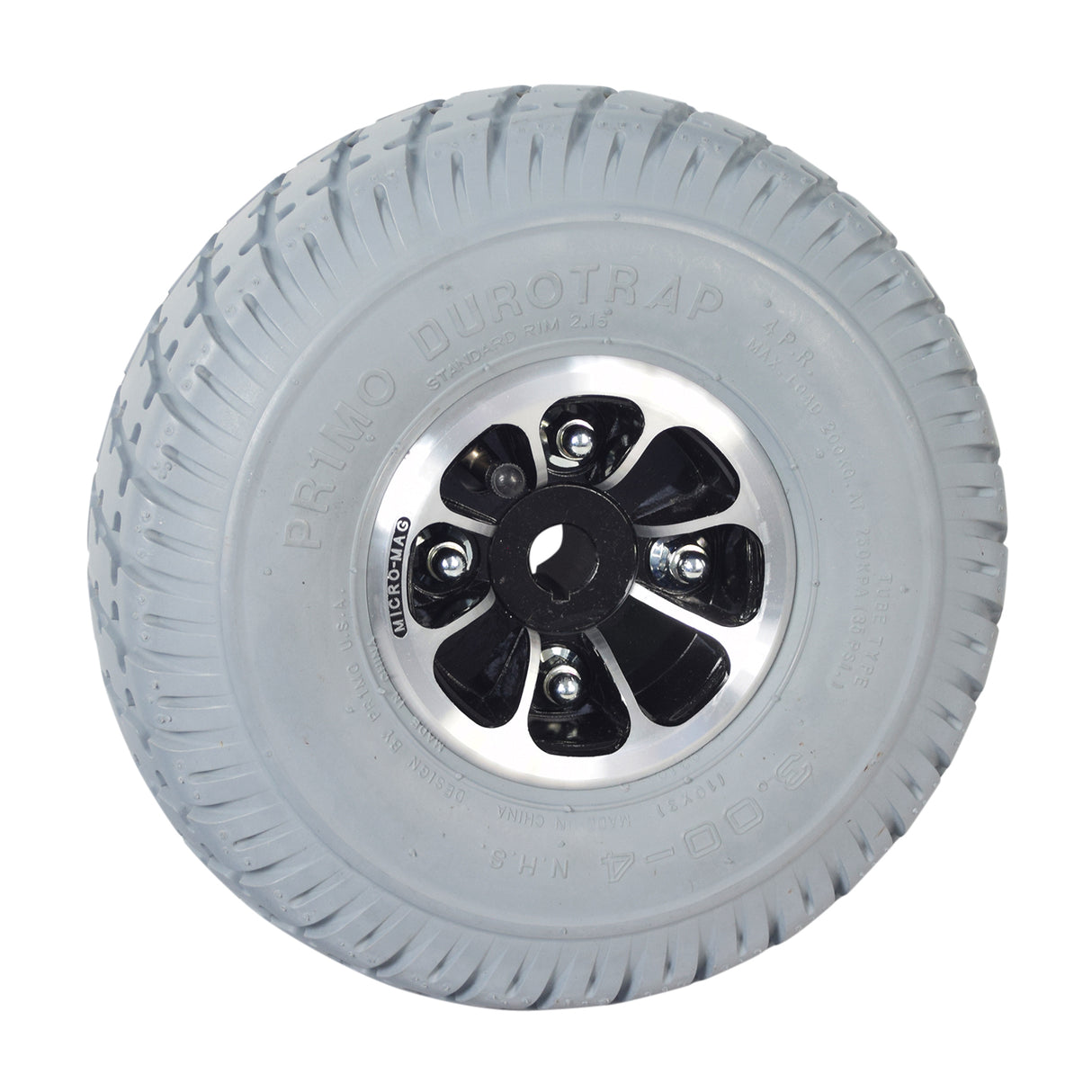 3.00-4 (10x3, 260x85) Rear Wheel Assembly with Gray Pneumatic Tire for Pride Celebrity X, Cyclone, and Victory 10, featuring a white wheel with a black rim and non-marking rubber tire.