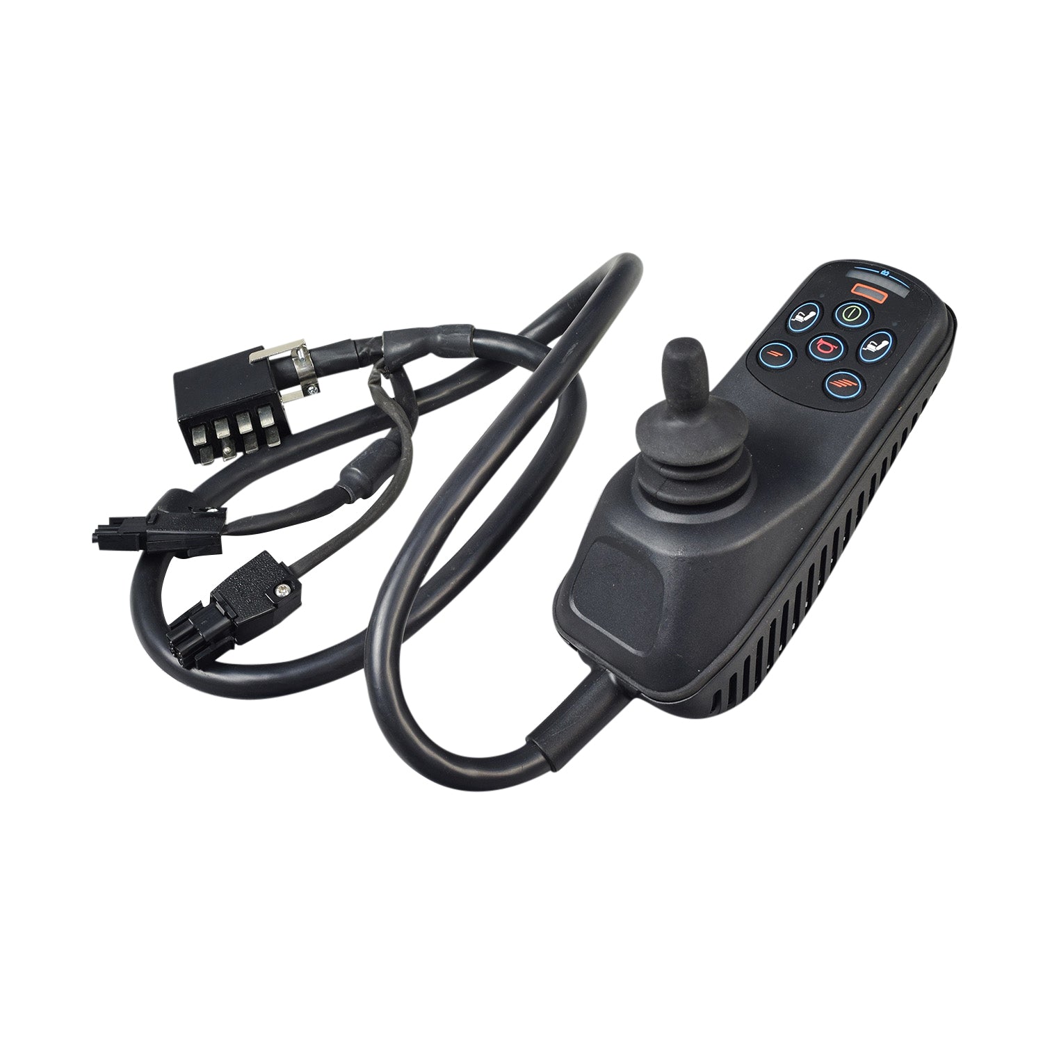 6 Key 50 Amp VSI Joystick Controller with Right Angle Connector, featuring a black remote control with buttons and attached cables, designed for precise control of power chair functions and speed.