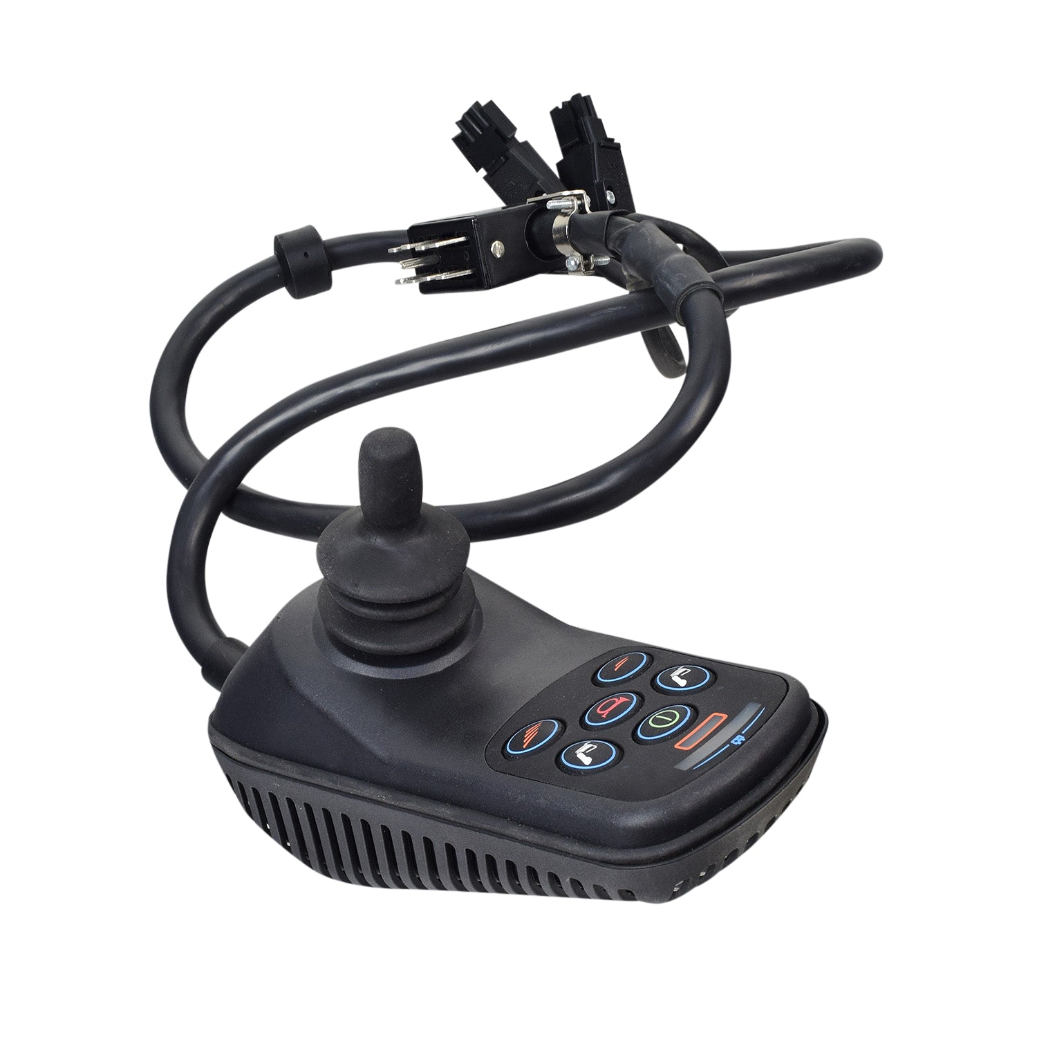 6 Key 50 Amp VSI Joystick Controller with Right Angle Connector (Blemished), featuring a black joystick, cable, and keypad, designed for power chair direction, speed control, and actuator adjustments.