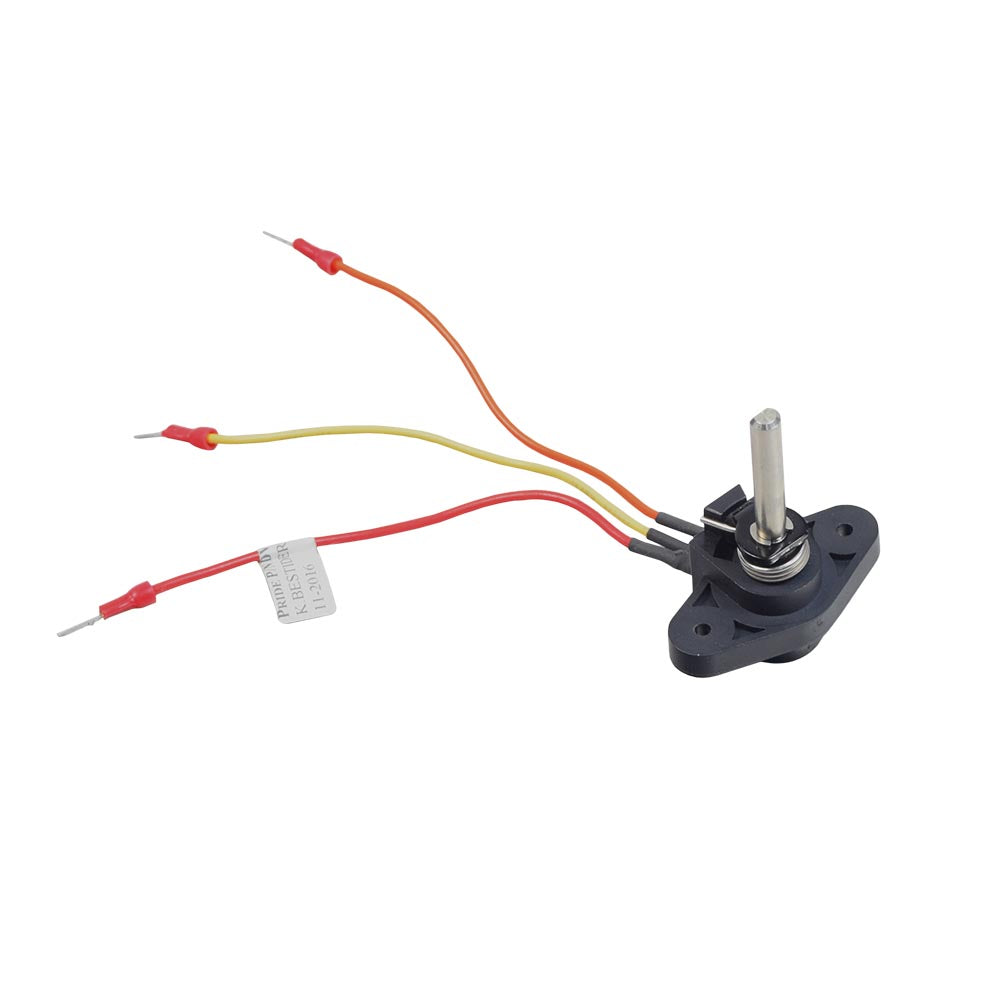 5K Ohm Throttle Potentiometer Assembly for Pride Scooters (Version 1001), featuring a black device with red and yellow wires, a mounting bracket, and a visible close-up of the wiring harness.