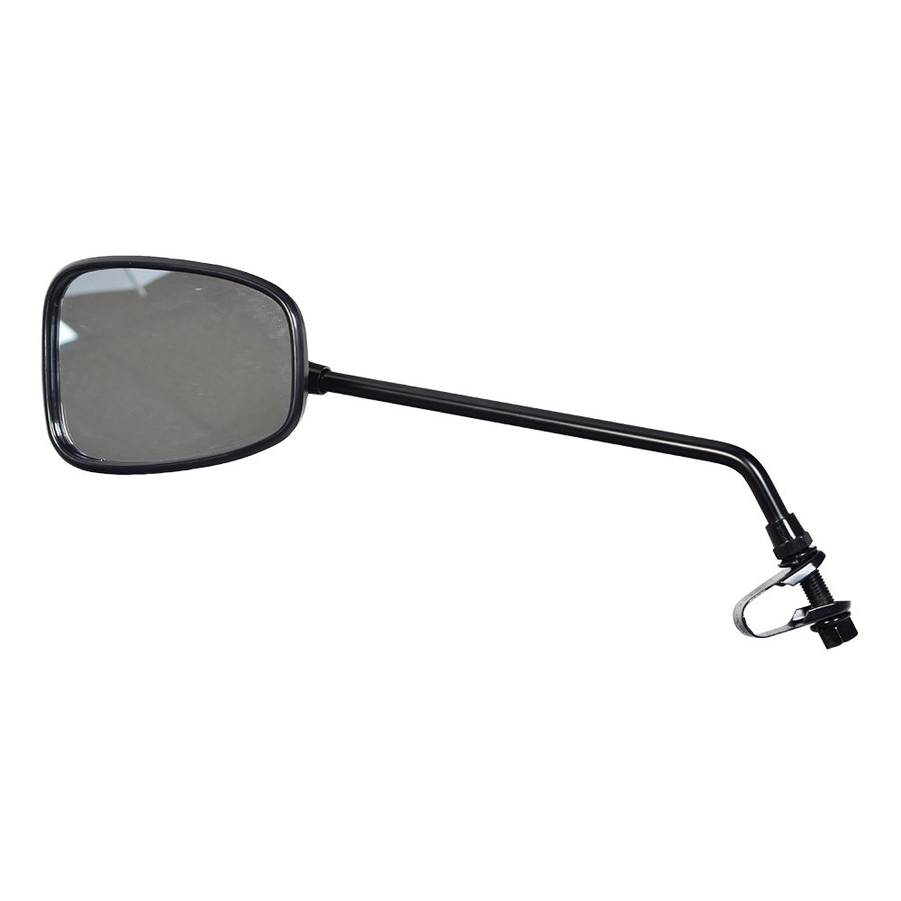 Clamp-On Extra Large Rear View Mirror Assembly (Blemished) featuring a side mirror with a handlebar mount, complete with necessary nuts and screws for easy attachment to mobility scooters.