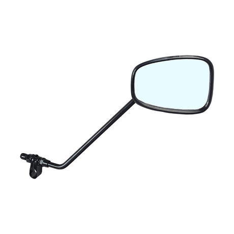 Clamp-On Extra Large Rear View Mirror Assembly for Mobility Scooters featuring a black handle, oval mirror, and clip-on bracket, designed for 1/2 to 7/8 diameter handlebars.