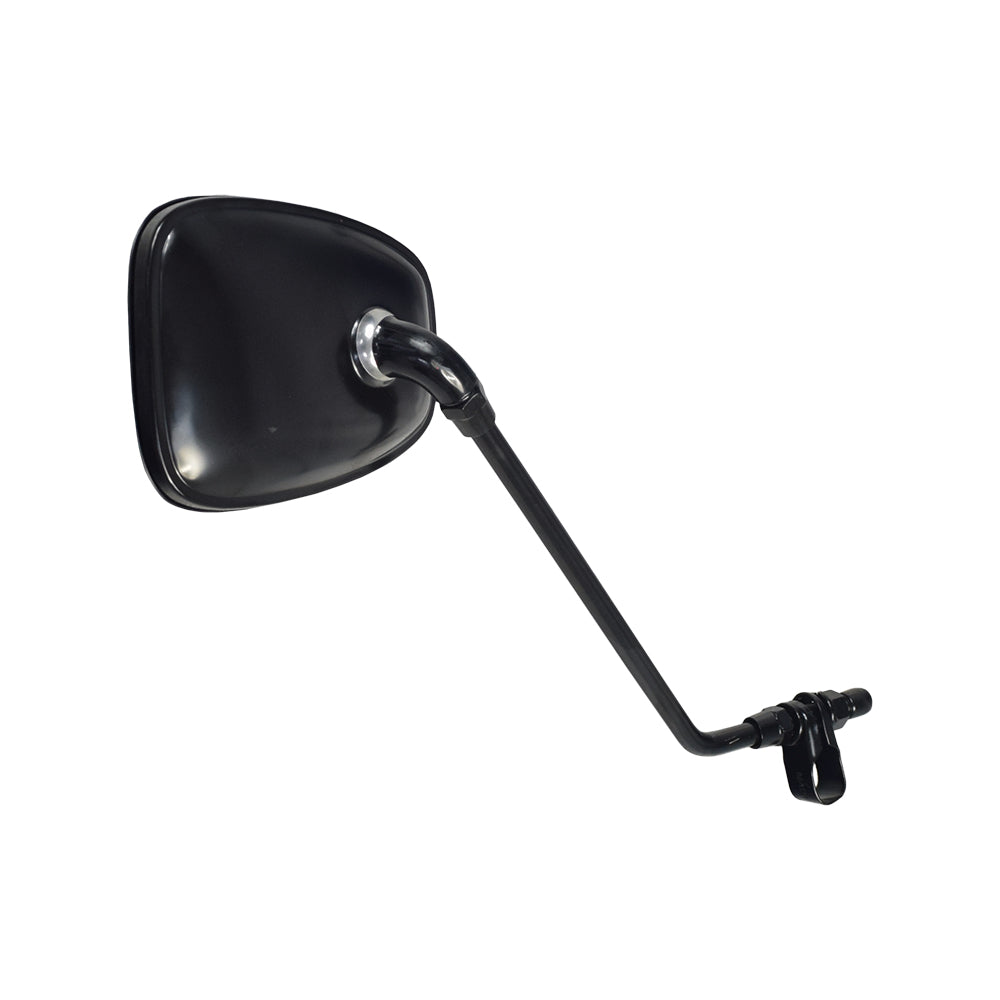 Clamp-On Extra Large Rear View Mirror Assembly for Mobility Scooters, featuring a black mirror with a long metal arm, designed for easy attachment to handlebars using a 2-piece clamp-on bracket.