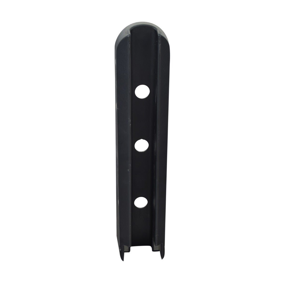 Full Length Armrest Cover for Pride Mobility Scooters and Power Chairs; black plastic with multiple holes, rectangular shape, designed to fit over the armrest weldment on the seat frame for assembly completion.