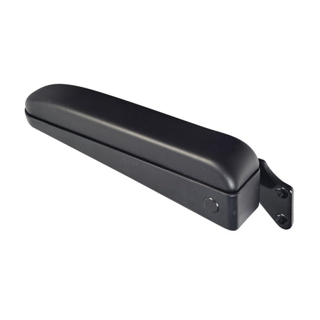 Left Armrest Bracket Assembly for CRS Seating on Pride Scooters, featuring a black cover, button, and mounting plate. Ideal for replacement, this assembly includes the bracket and hardware; armrest pads sold separately.