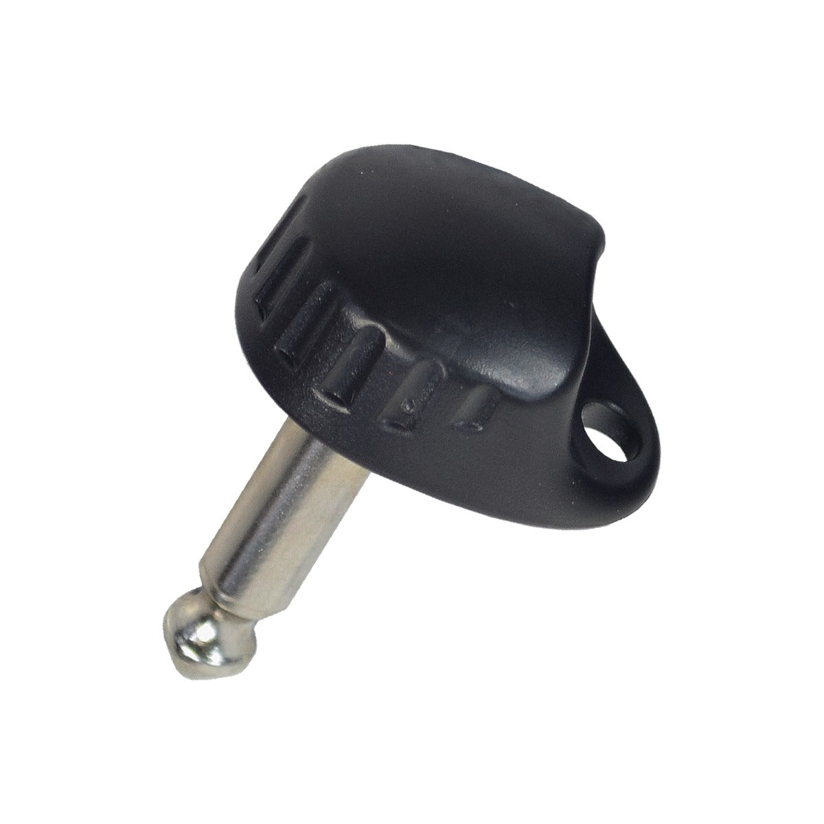 Key (Stereo Plug Style) with Round Knob Head for Pride Scooters. Close-up of a black and silver key resembling a stereo plug, featuring a round knob with a hole for a key ring.