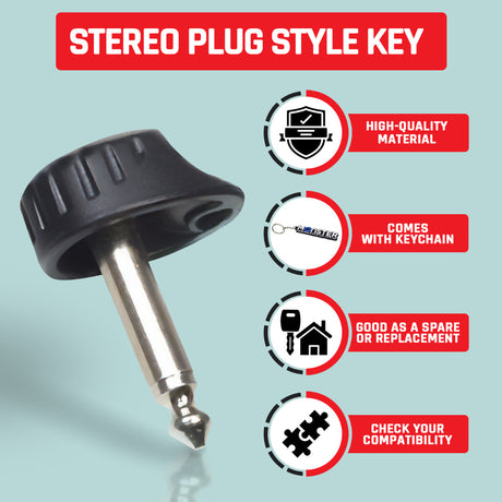 Key (Stereo Plug Style) with Round Knob Head for Pride Scooters, featuring a black and silver audio plug design, suitable for key rings.