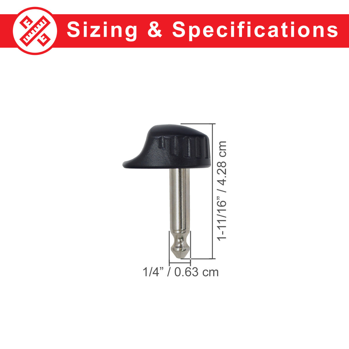 Key (Stereo Plug Style) with Round Knob Head for Pride Scooters, featuring a small black and silver design with a black cap, resembling a headphone plug, ideal for replacing lost or misplaced keys.