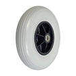 8x2 (200x50) Rear Caster Wheel Assembly for Jazzy power chairs, featuring a white wheel with a black rim, steel spacer, and two shielded ball bearings.