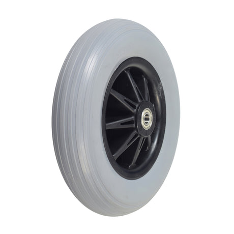 8x2 (200x50) Front Anti-tip Wheel Assembly for Jazzy & Quantum Power Chairs, featuring a black rim, solid polyurethane tire, and metal center hub with R6Z bearings.