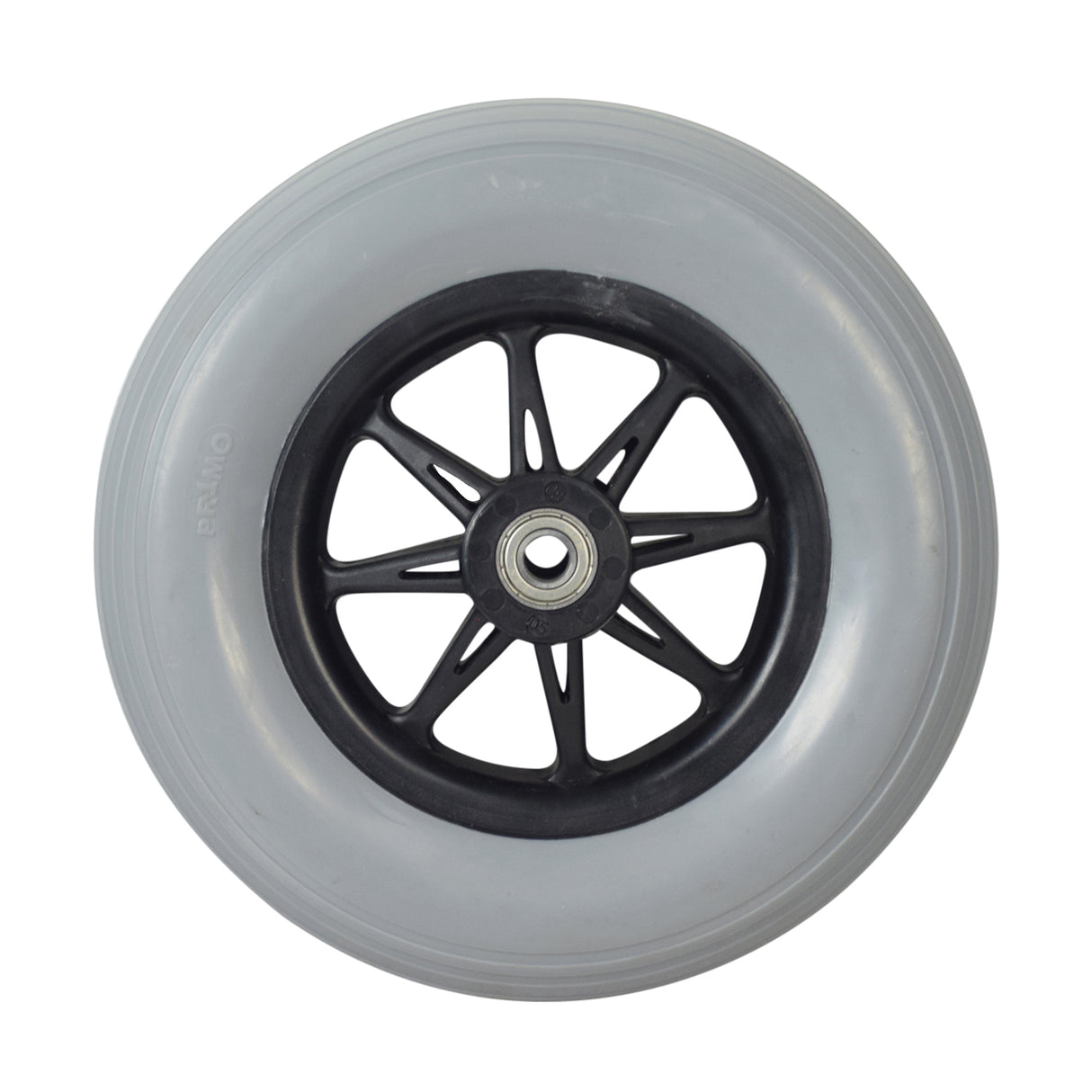 8x2 (200x50) Front Anti-tip Wheel Assembly for Jazzy & Quantum Power Chairs, featuring a solid polyurethane tire with black rim and R6Z bearings.