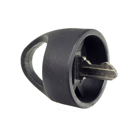 Deluxe Easy Pull Key for Pride and Go-Go Mobility Scooters, featuring a round black plastic knob with an easy pull finger ring attached to a metal key, shown inserted into a keyhole.