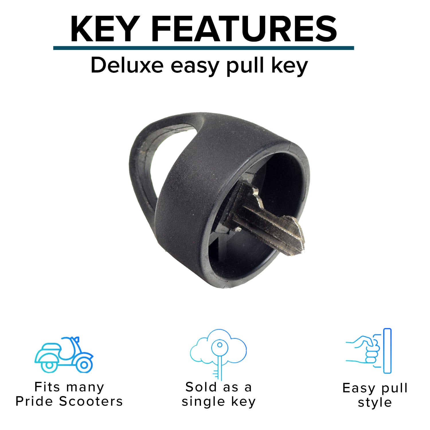 Deluxe Easy Pull Key for Pride and Go-Go Mobility Scooters featuring a half-circle head and a black plastic ring for easy handling.