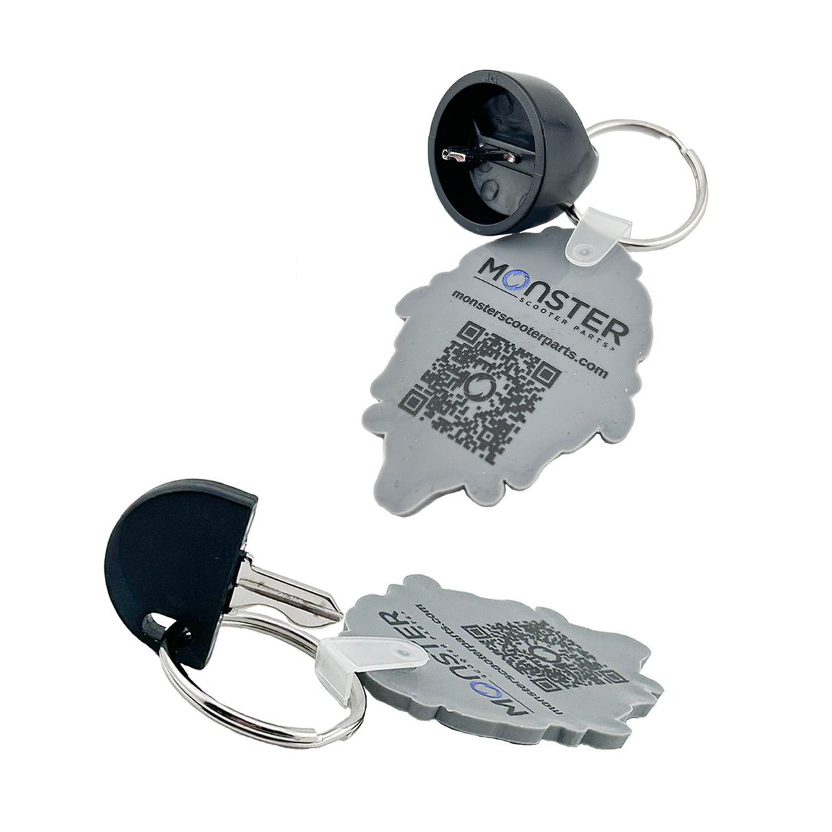 Deluxe Easy Pull Key for Pride and Go-Go Mobility Scooters, featuring a black round knob with an attached QR code and key ring for easy handling.