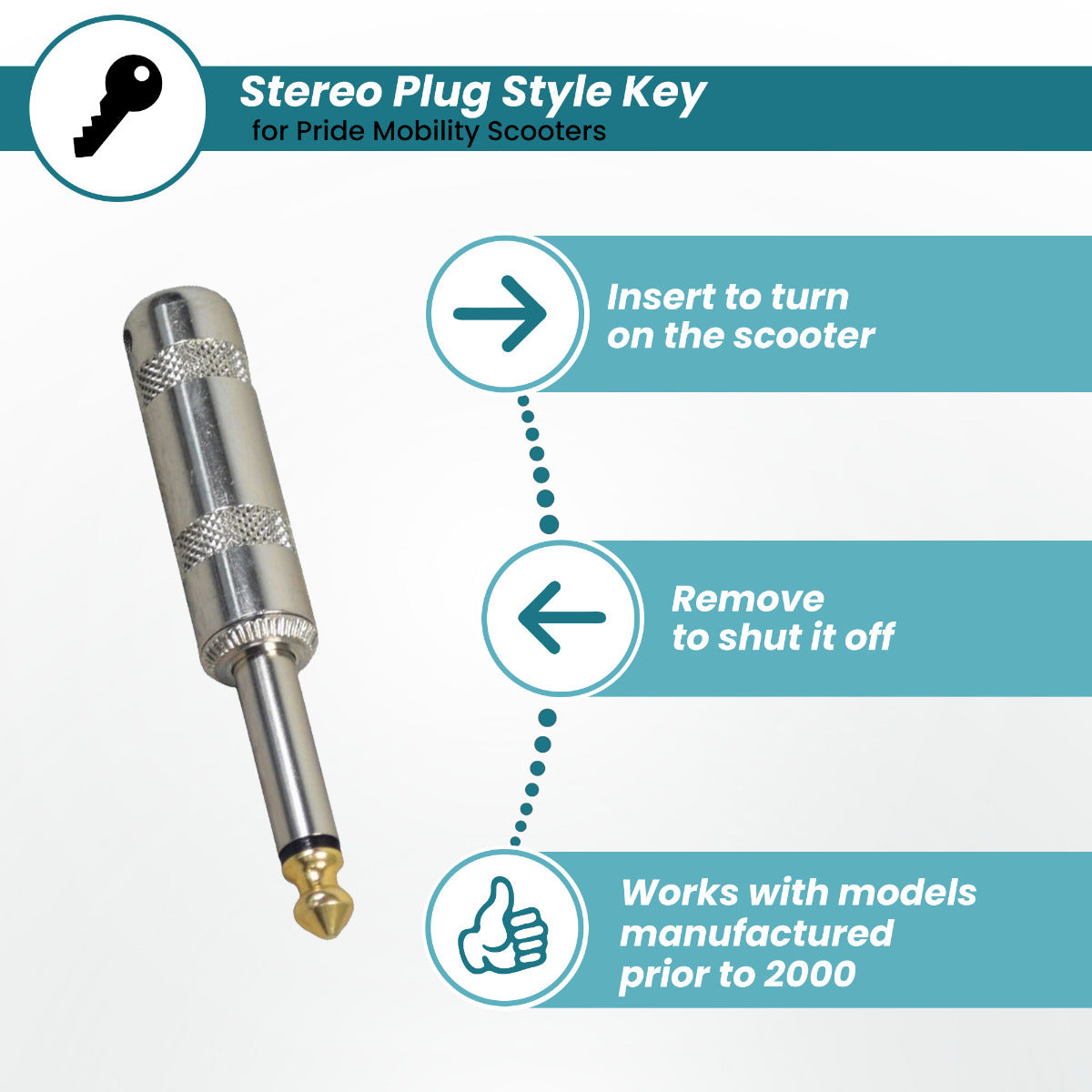 Key (Stereo Plug Style) with Cylinder Head for Pride Mobility Scooters, featuring a black cylindrical head and a silver plug, designed as a replacement key for models manufactured prior to 2000.