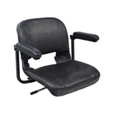 17 Wide Molded Seat Assembly for Go-Go and Pride Mobility Scooters; features a black chair with armrests, black vinyl seat covers, and metal legs, designed for scooter compatibility.