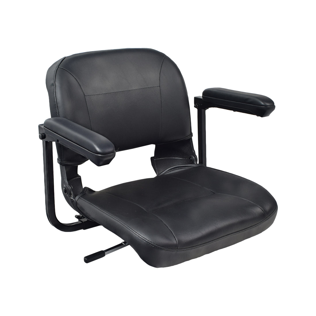 17 Wide Molded Seat Assembly for Go-Go and Pride Mobility Scooters, featuring a black chair with armrests, black vinyl seat covers, and metal legs, ideal for travel mobility scooters.