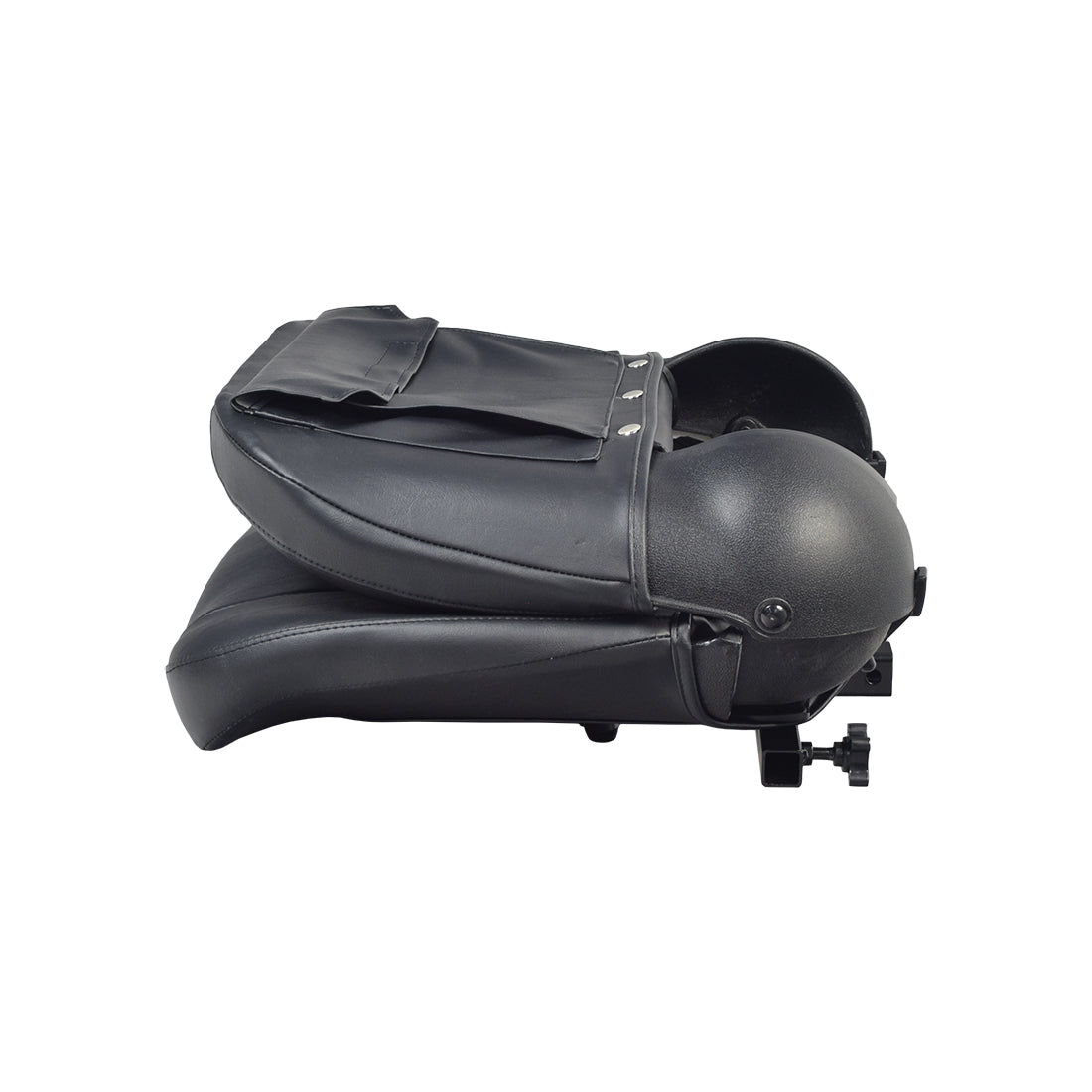 17 Wide Molded Seat Assembly for Go-Go and Pride Mobility Scooters, featuring a black vinyl-covered seat and backrest with foam inserts, including the necessary black Nylock nuts for assembly.