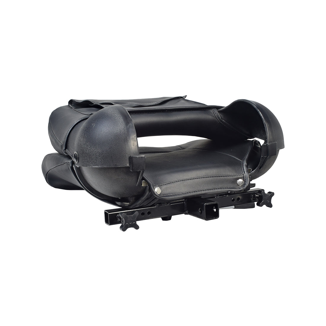 17 Wide Molded Seat Assembly for Go-Go and Pride Mobility Scooters, featuring a black leather seat with vinyl covers and foam inserts, shown with seat base and backrest.