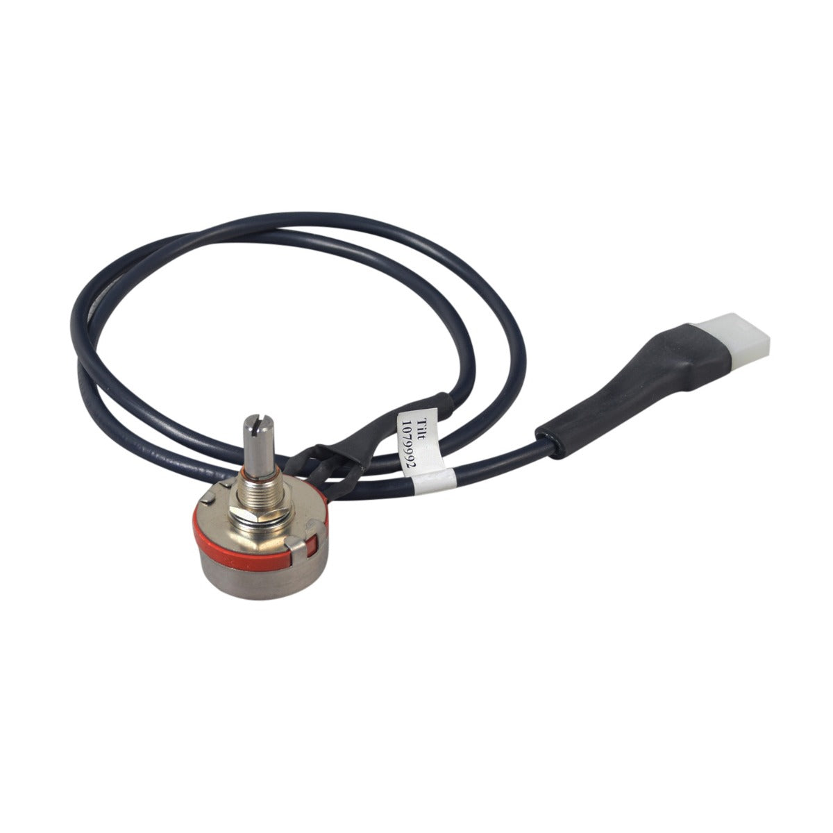 Tilt Potentiometer for Invacare Storm Series Power Chairs: Close-up of a black cable with attached round metal object, including a harness, nut, and washer for regulating seat movement.