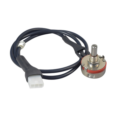 Tilt Potentiometer for Invacare Storm Series Power Chairs, showcasing a close-up of the device, including the black cable with white connector, round metal object, and accompanying harness, nut, and washer.