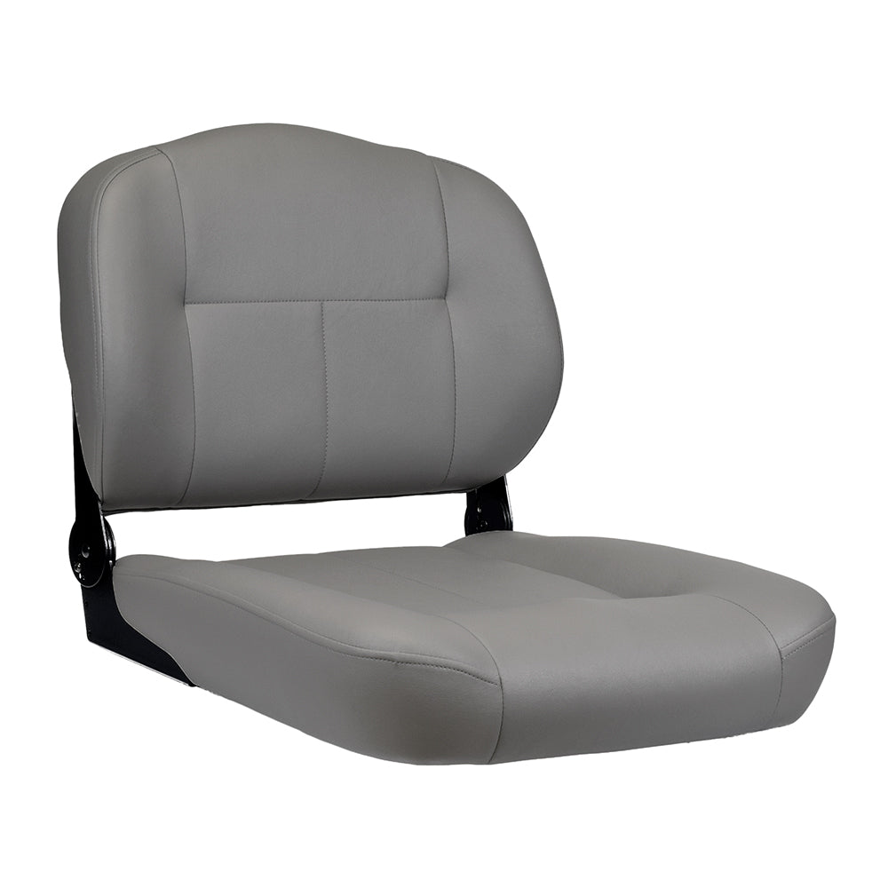 Gray Medium-Back Deluxe Contour Vinyl Seat Assembly for Pride Scooters, Jazzy, and Jet Power Chairs on clearance, featuring black armrests and frame, with an easy-to-clean gray seat and convenient rear pocket.