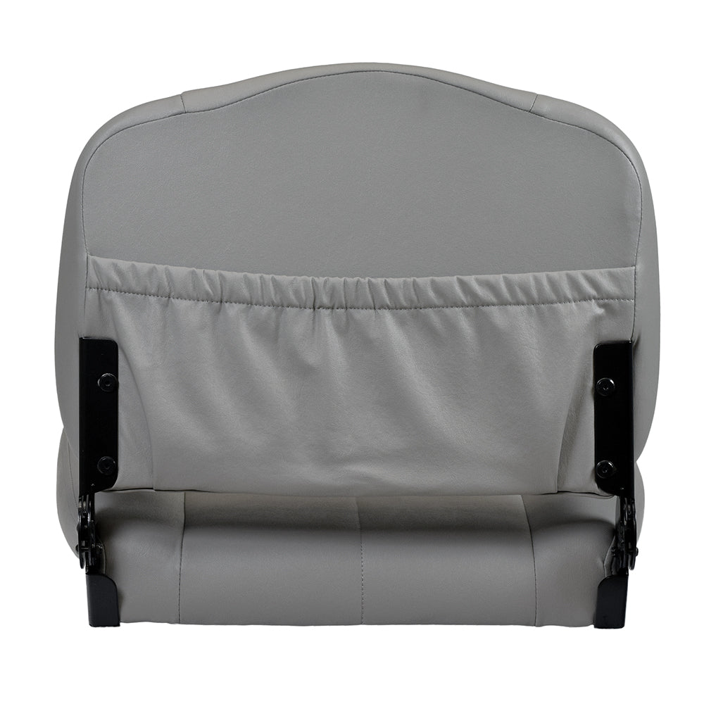 20x20 Gray Medium-Back Deluxe Contour Vinyl Seat Assembly for Pride Scooters, Jazzy and Jet Power Chairs **CLEARANCE** displaying a gray vinyl seat with a convenient rear pocket and adjustable hinges.